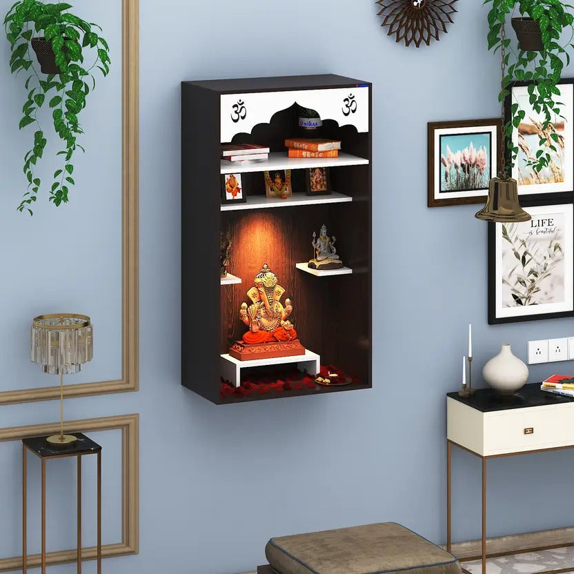 Omkarwood "Divine Arch" Wall-Mounted Wooden Pooja Mandir with LED Light – 110 x 52.5 x 30 cm (H x W x D)