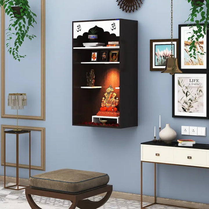 Omkarwood "Divine Arch" Wall-Mounted Wooden Pooja Mandir with LED Light – 110 x 52.5 x 30 cm (H x W x D)