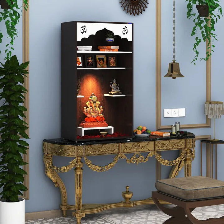 Omkarwood "Divine Arch" Wall-Mounted Wooden Pooja Mandir with LED Light – 110 x 52.5 x 30 cm (H x W x D)
