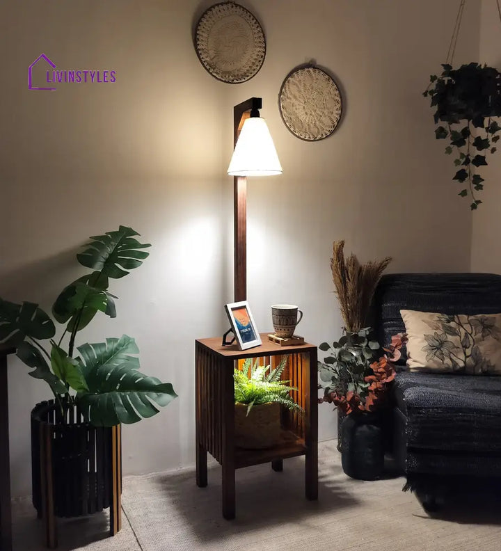 Prominence Wooden Floor Lamp With Beige Fabric Lampshade Lamps