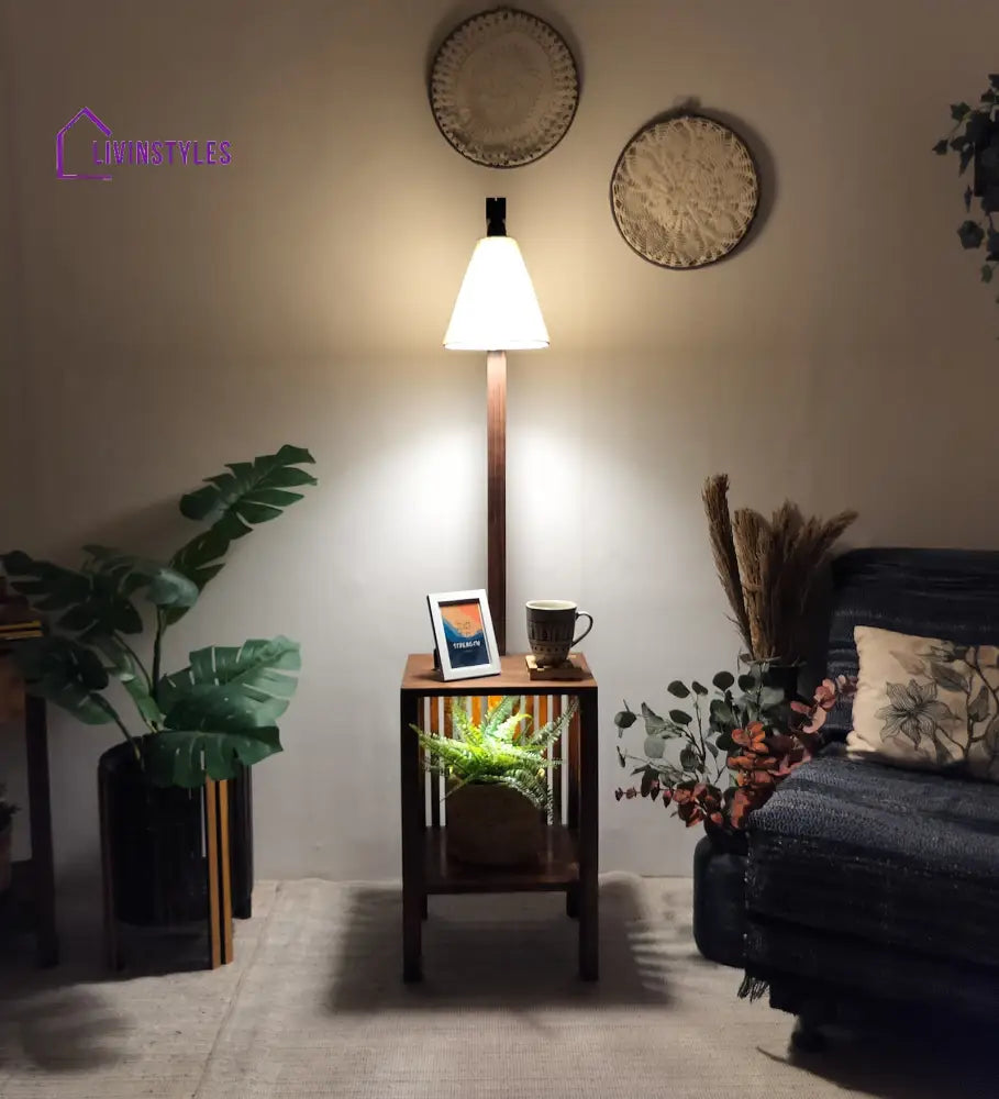 Prominence Wooden Floor Lamp With Beige Fabric Lampshade Lamps