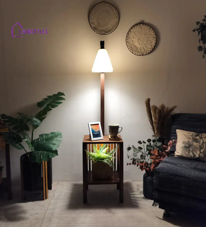 Prominence Wooden Floor Lamp With Beige Fabric Lampshade Lamps