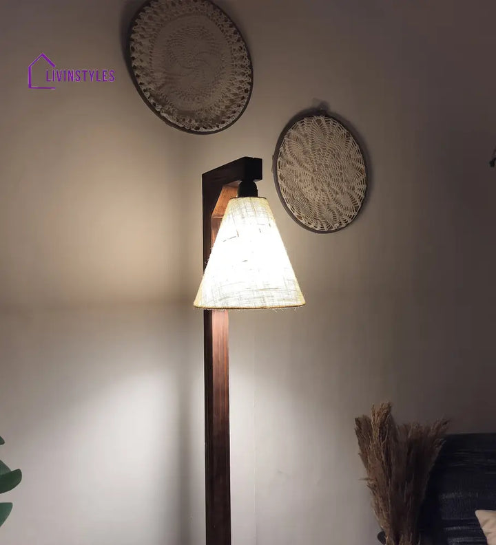 Prominence Wooden Floor Lamp With Beige Fabric Lampshade Lamps
