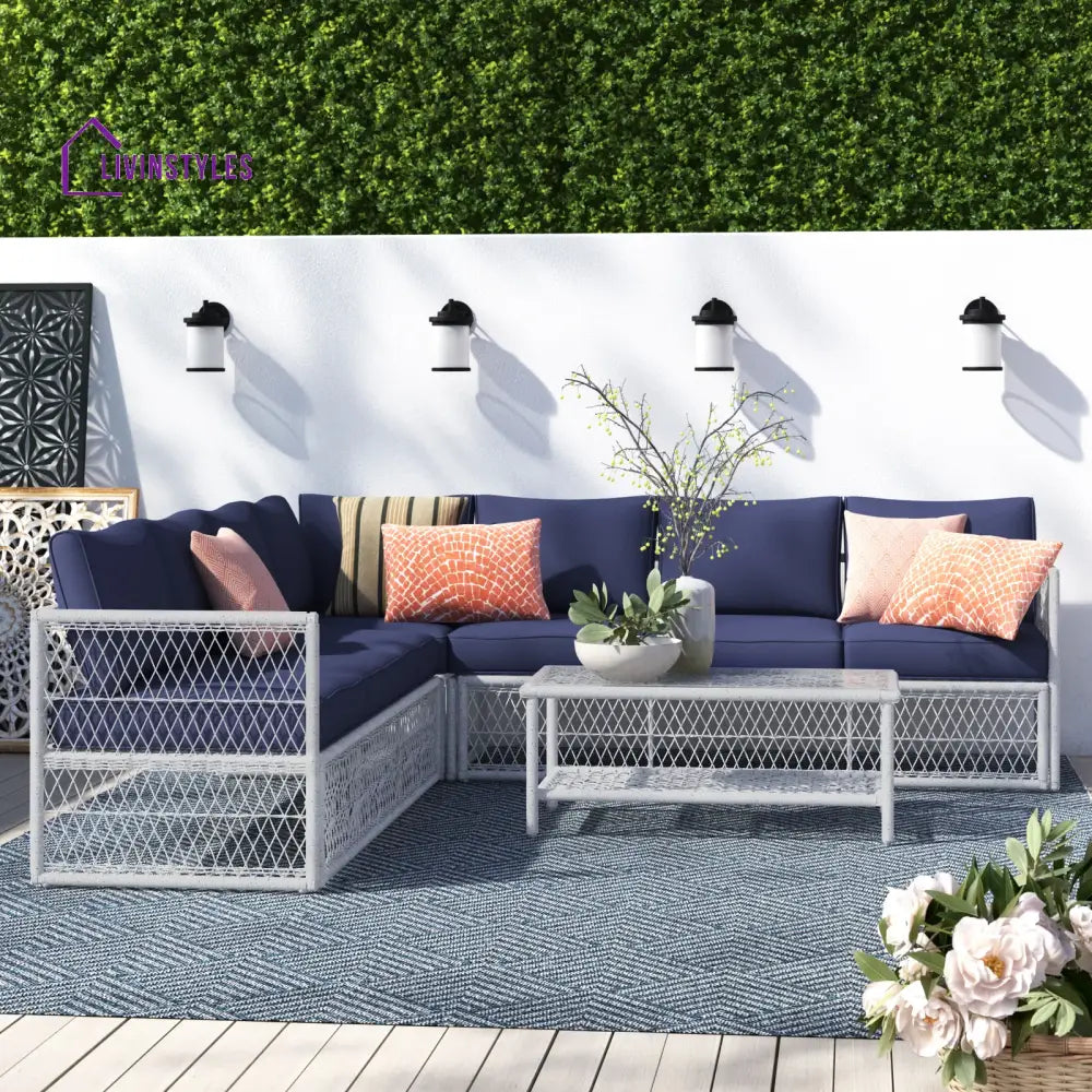 Promo Outdoor Sofa Set 7 Seater and 1 Center Table Set (White + Blue) - Sofa Sets