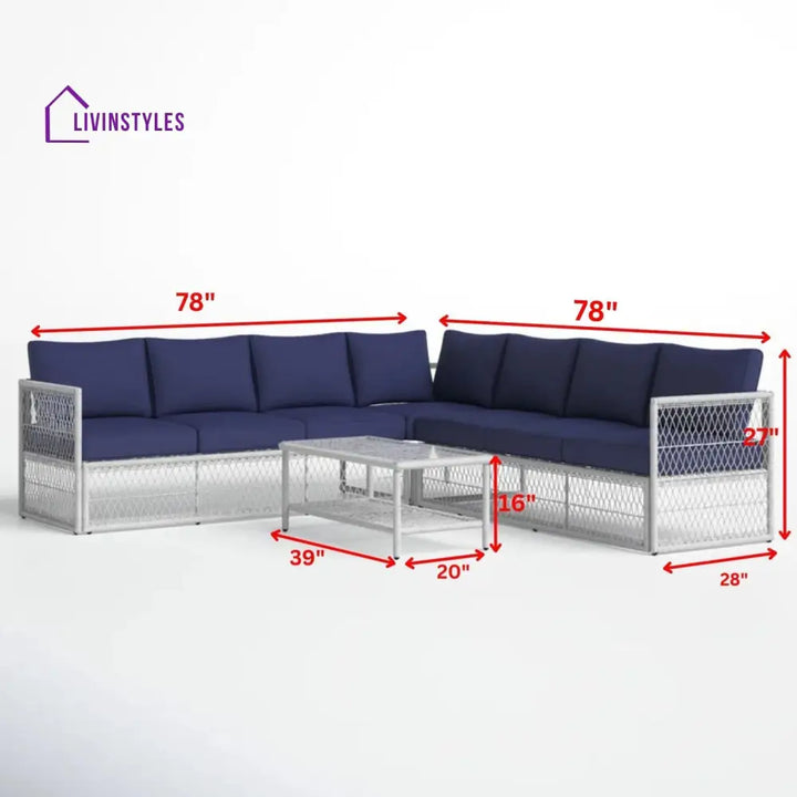 Promo Outdoor Sofa Set 7 Seater and 1 Center Table Set (White + Blue) - Sofa Sets