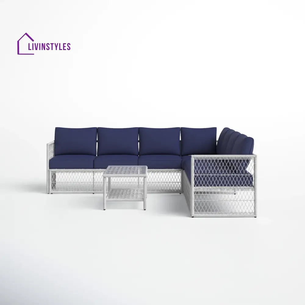 Promo Outdoor Sofa Set 7 Seater and 1 Center Table Set (White + Blue) - Sofa Sets