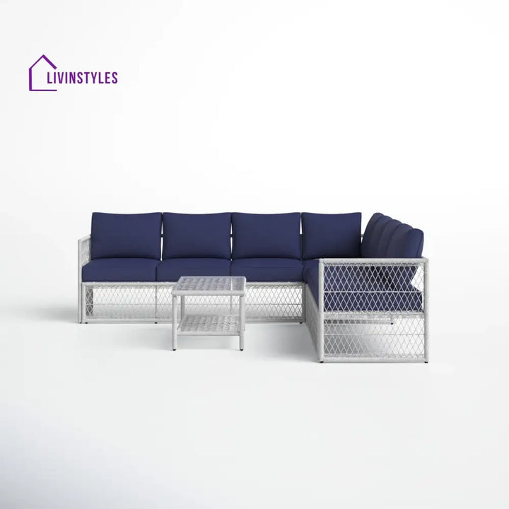 Promo Outdoor Sofa Set 7 Seater and 1 Center Table Set (White + Blue) - Sofa Sets