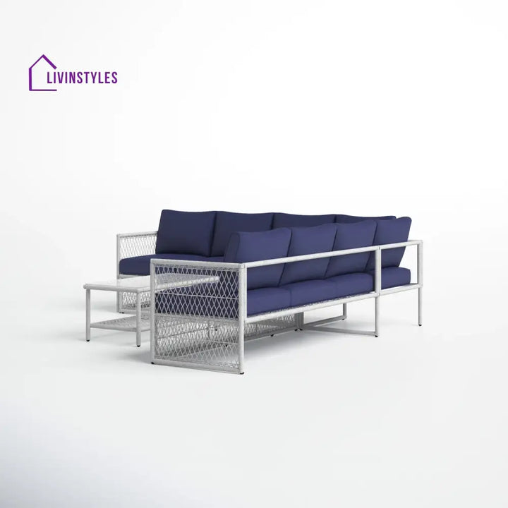 Promo Outdoor Sofa Set 7 Seater and 1 Center Table Set (White + Blue) - Sofa Sets