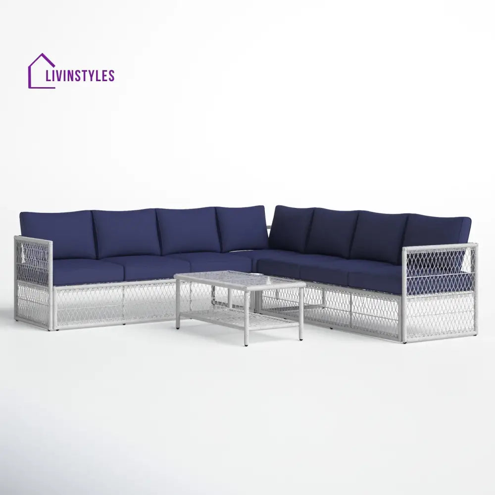 Promo Outdoor Sofa Set 7 Seater and 1 Center Table Set (White + Blue) - Sofa Sets