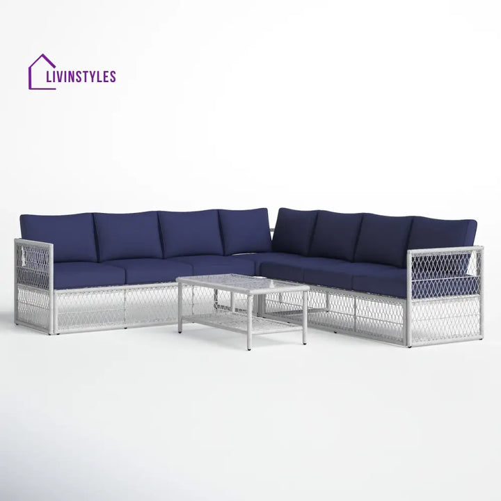 Promo Outdoor Sofa Set 7 Seater and 1 Center Table Set (White + Blue) - Sofa Sets