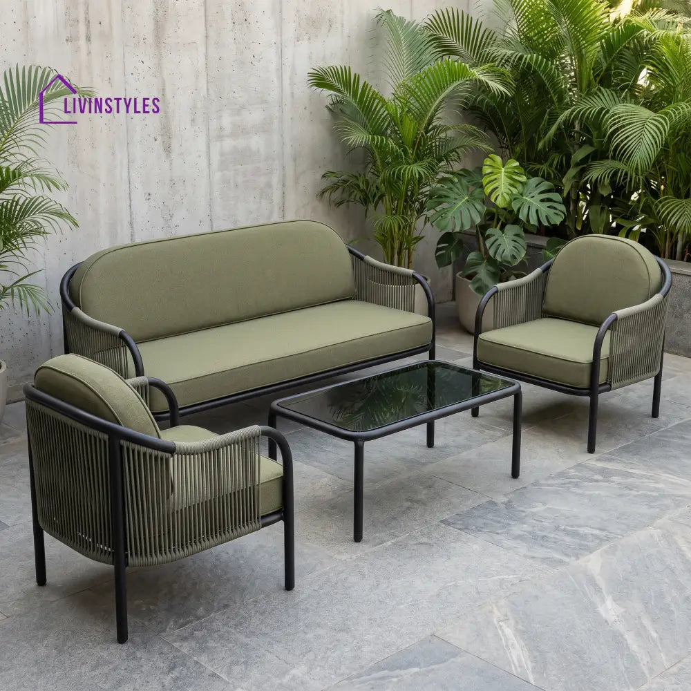 Prune Metal Frame and Rope Weaving Outdoor Sofa Set 3 + 1 +1 and Coffee Table | Premium Uphostery