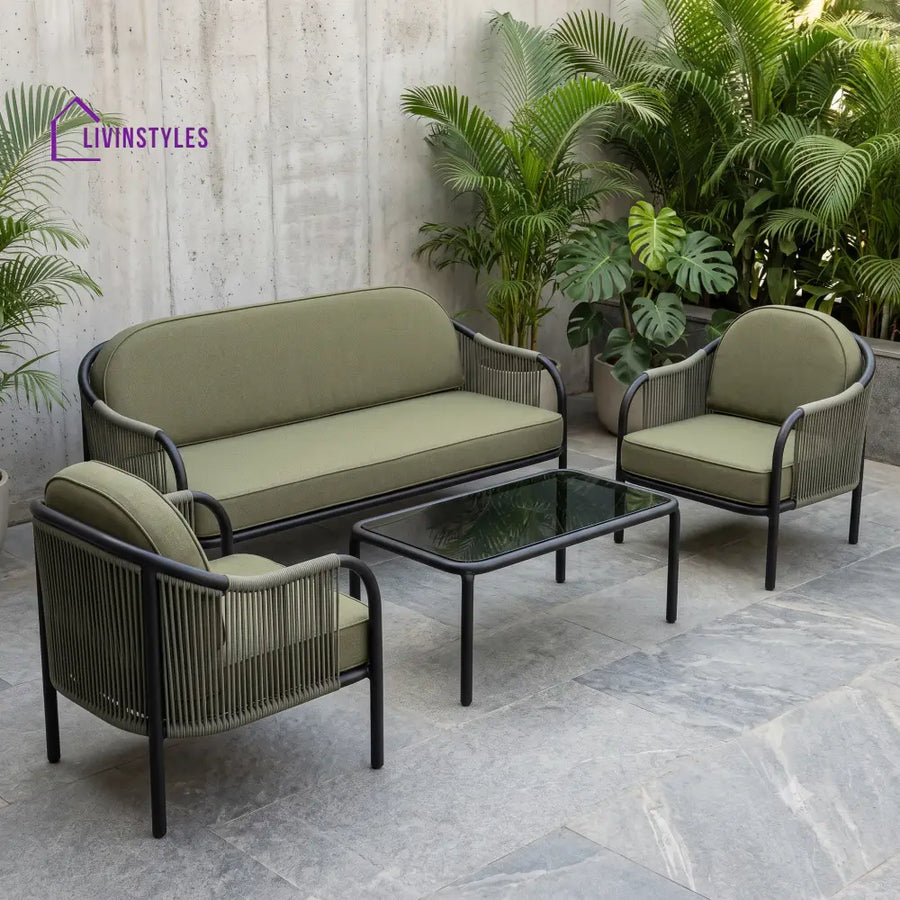 Prune Metal Frame and Rope Weaving Outdoor Sofa Set 3 + 1 +1 and Coffee Table | Premium Uphostery