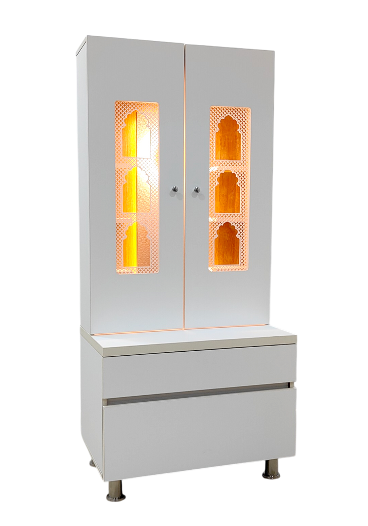 Savannah Designer Wooden Mandir for Home with Doors 67In Height 30In Width 18In Depth with Strip Lighting, Extra Storage, Floating Shelves