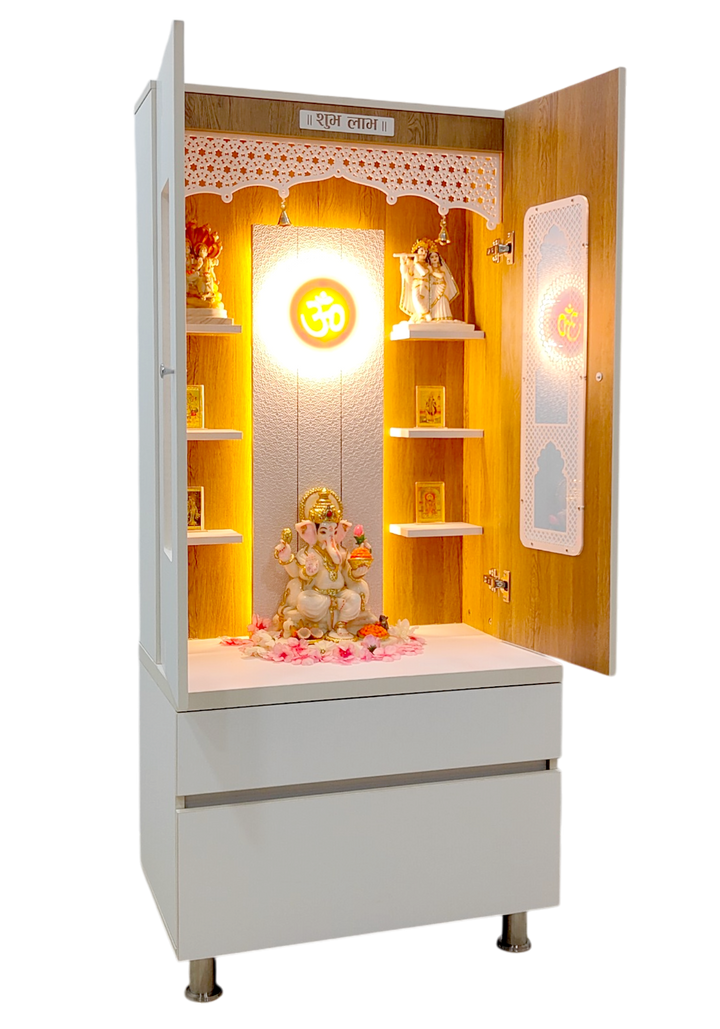 Savannah Designer Wooden Mandir for Home with Doors 67In Height 30In Width 18In Depth with Strip Lighting, Extra Storage, Floating Shelves