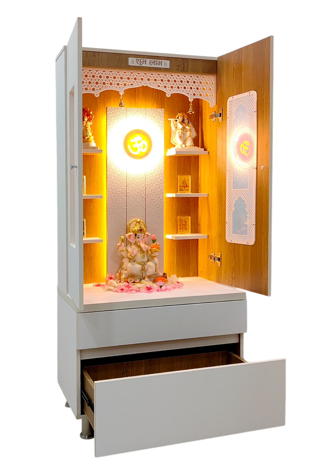 Savannah Designer Wooden Mandir for Home with Doors 67In Height 30In Width 18In Depth with Strip Lighting, Extra Storage, Floating Shelves