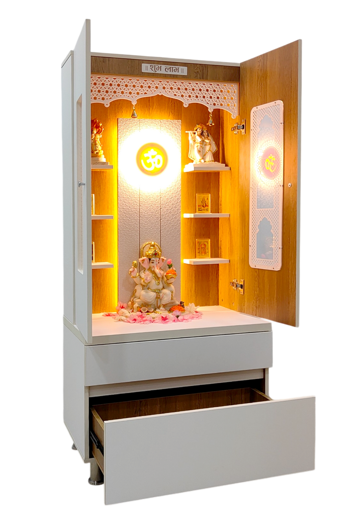 Savannah Designer Wooden Mandir for Home with Doors 67In Height 30In Width 18In Depth with Strip Lighting, Extra Storage, Floating Shelves