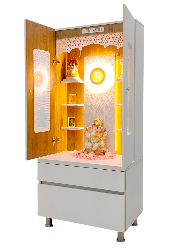 Savannah Designer Wooden Mandir for Home with Doors 67In Height 30In Width 18In Depth with Strip Lighting, Extra Storage, Floating Shelves