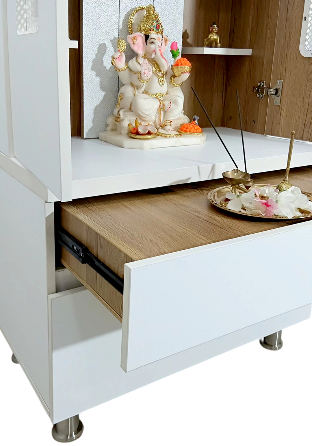 Savannah Designer Wooden Mandir for Home with Doors 67In Height 30In Width 18In Depth with Strip Lighting, Extra Storage, Floating Shelves