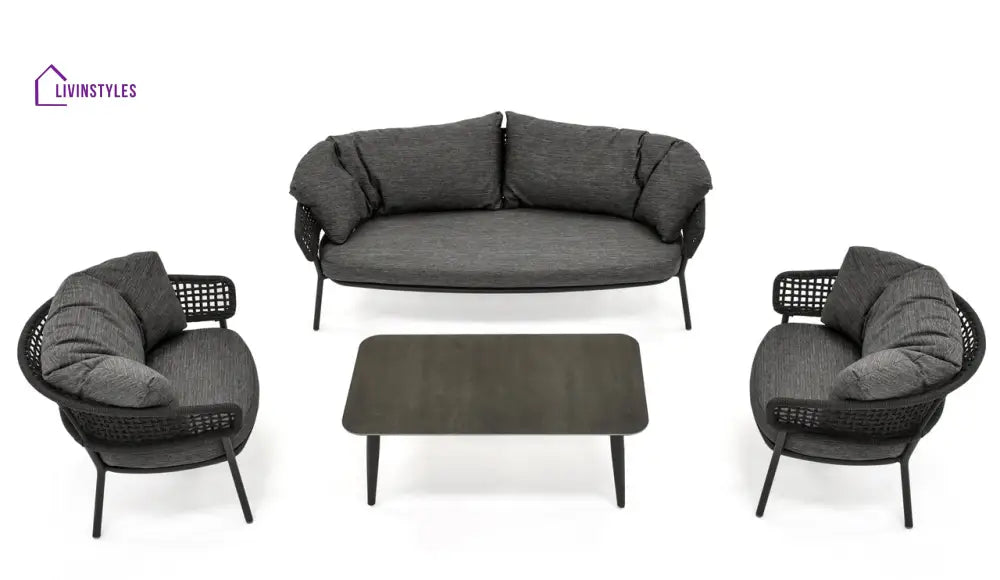 Puff Outdoor Sofa Set 2 Seater 2 Single seater and 1 Center Table Set (Black) Braided & Rope - Sofa Sets