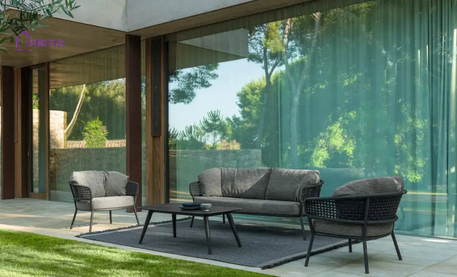 Puff Outdoor Sofa Set 2 Seater 2 Single seater and 1 Center Table Set (Black) Braided & Rope - Sofa Sets