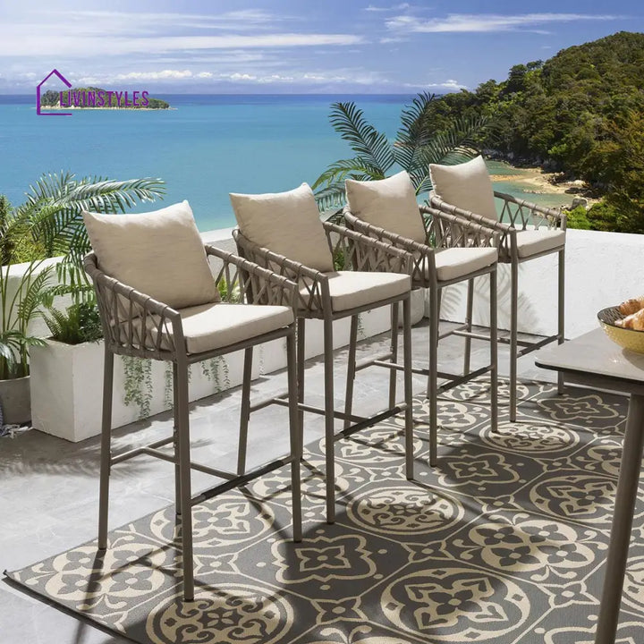 Puja Outdoor Patio Bar Chair 4 Chairs For Balcony Braided & Rope Beige Sets
