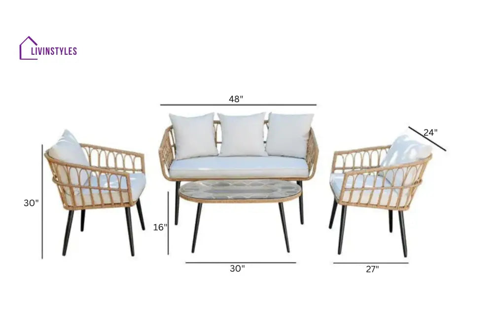 Pyro Outdoor Garden Balcony Sofa Set 2 Seater 2 Single seater and 1 Table Set (White + Tan) - Sofa Sets