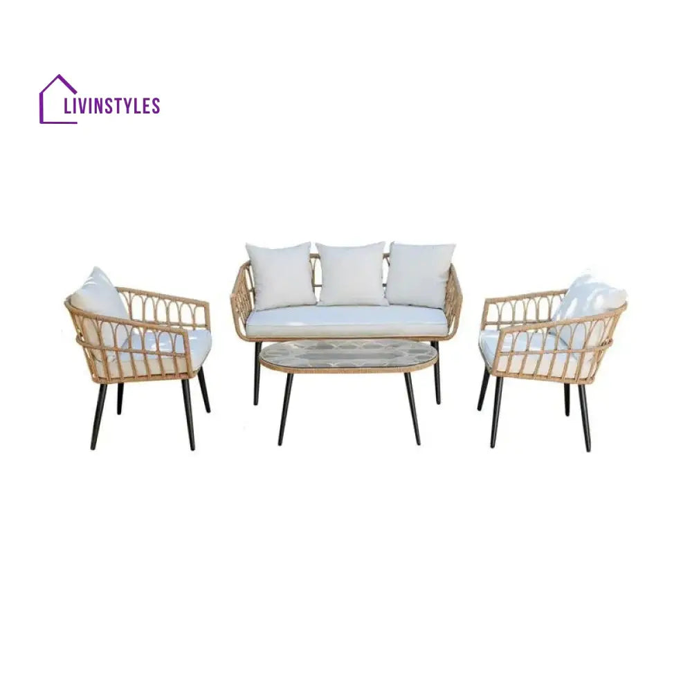 Pyro Outdoor Garden Balcony Sofa Set 2 Seater 2 Single seater and 1 Table Set (White + Tan) - Sofa Sets