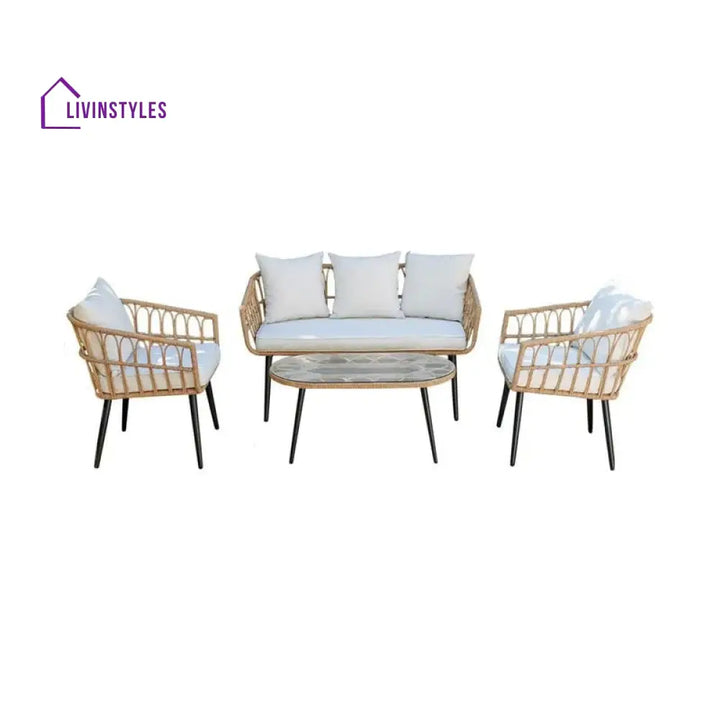 Pyro Outdoor Garden Balcony Sofa Set 2 Seater 2 Single seater and 1 Table Set (White + Tan) - Sofa Sets