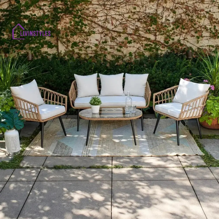 Pyro Outdoor Garden Balcony Sofa Set 2 Seater 2 Single seater and 1 Table Set (White + Tan) - Sofa Sets