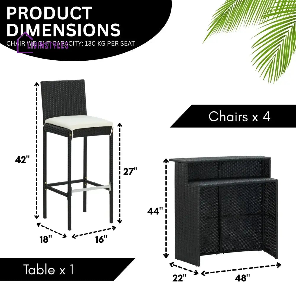 Qing 5-Piece Outdoor Rattan Wicker Bar Set with Wicker Top Table - Bar Set
