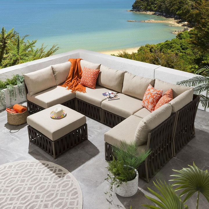Borromeo Outdoor Sofa Set 6 Seater and 1 Ottoman Set (Brown)