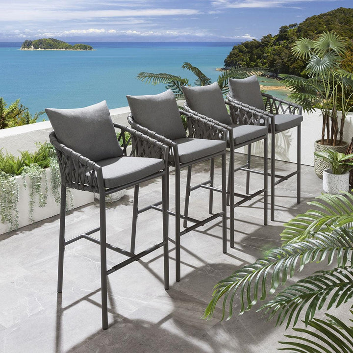 Paca Outdoor Patio Bar Chair 4 Chairs For Balcony Braided & Rope - Grey - Bar Sets