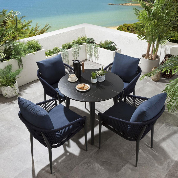 Hernando Outdoor Garden Patio Dining Set 4 Chairs and 1 Table Set (Blue+Black) Braided & Rope