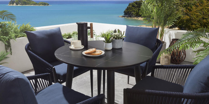 Hernando Outdoor Garden Patio Dining Set 4 Chairs and 1 Table Set (Blue+Black) Braided & Rope