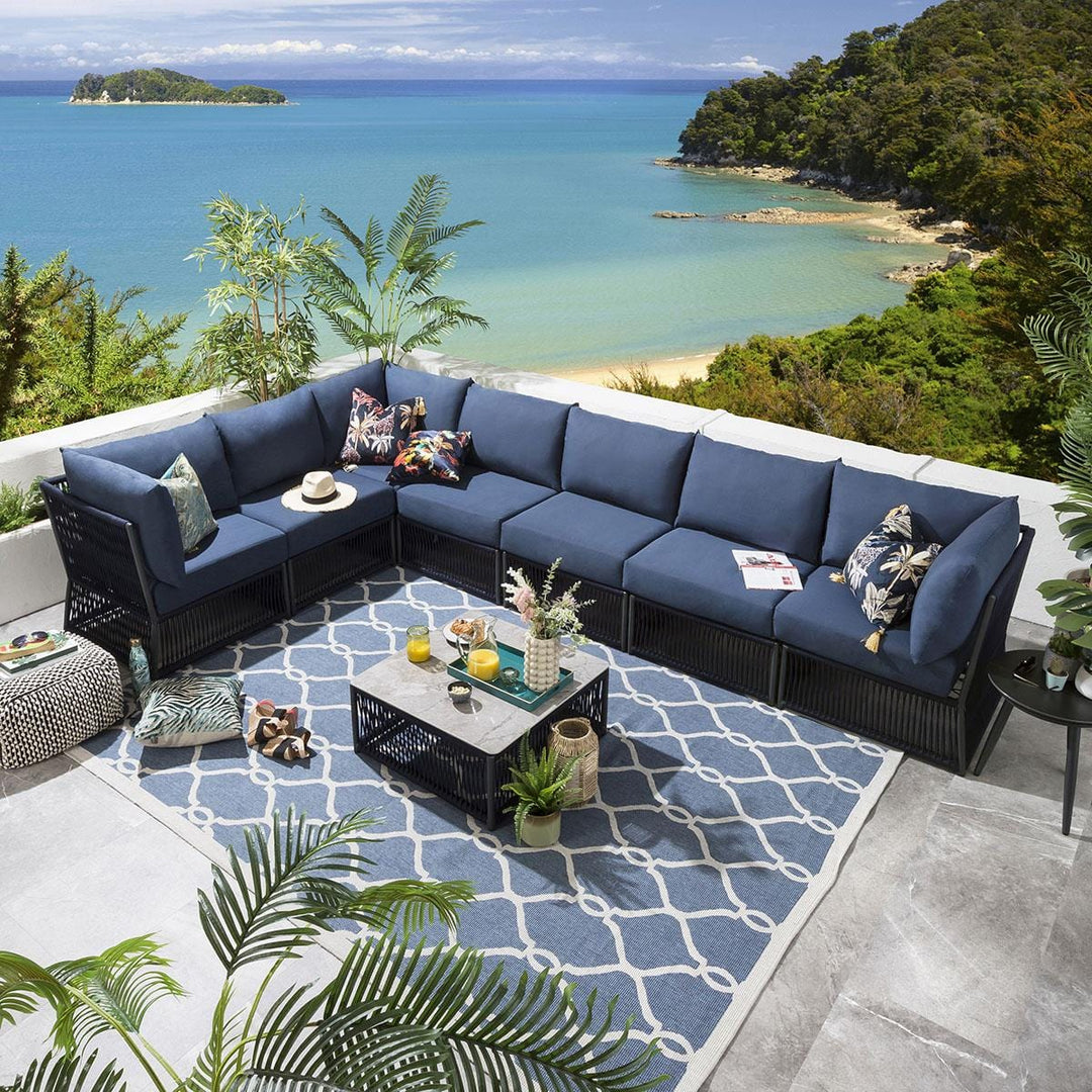 Valencia Outdoor Sofa Set 7 Seater, 1 Center Table Set (Blue) Braided & Rope