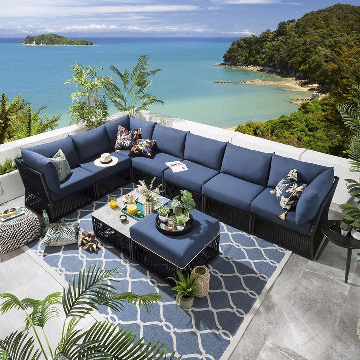 Mauricio Outdoor Sofa Set 7 Seater, 1 Ottoman and 1 Center Table Set (Blue) Braided & Rope