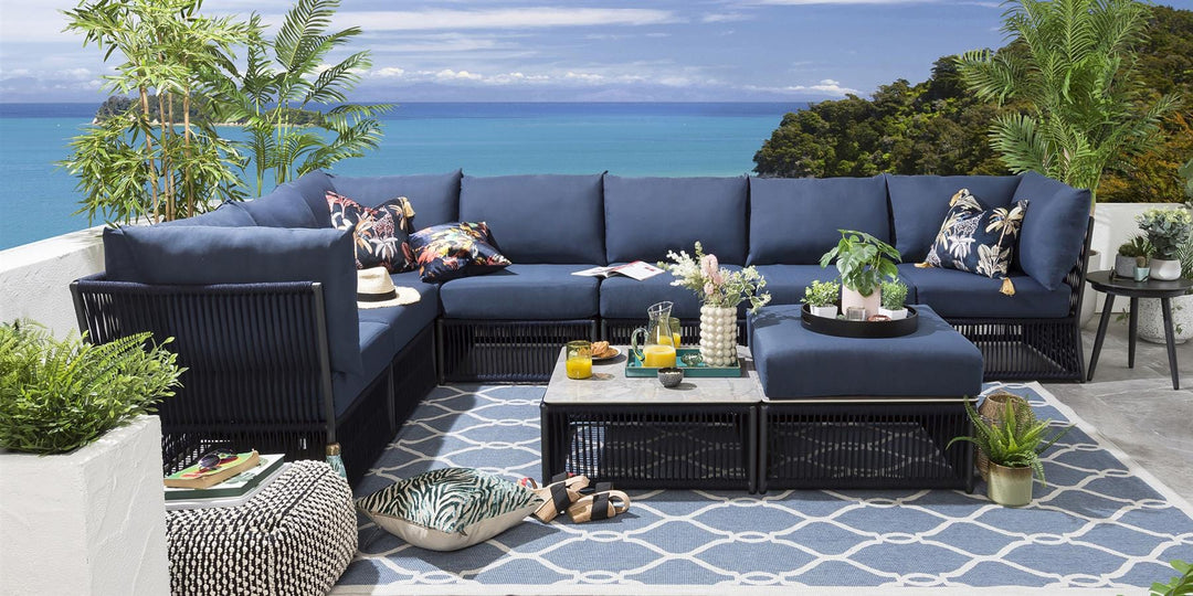 Mauricio Outdoor Sofa Set 7 Seater, 1 Ottoman and 1 Center Table Set (Blue) Braided & Rope