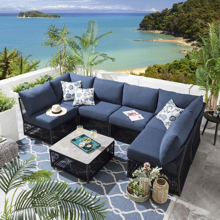 Jerez Outdoor Sofa Set 6 Seater and 1 Center Table Set (Blue) Braided & Rope