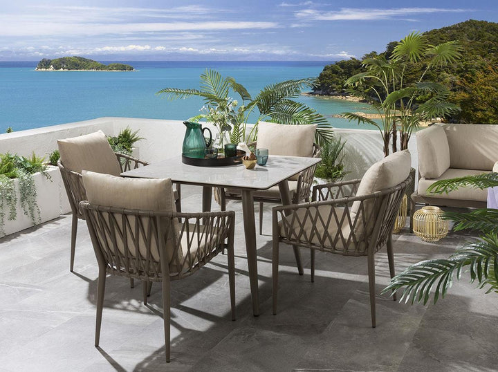 Carlos Outdoor Garden Patio Dining Set 4 Chairs and 1 Table Set Braided & Rope - Beige - Coffee Table Sets