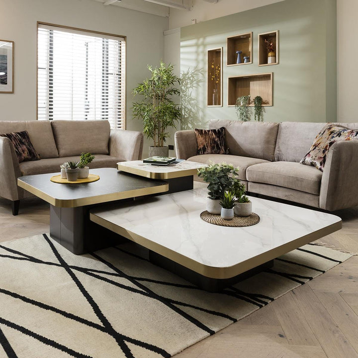 Sagarika Premium Set Of 3 Ceramic Marble Top Large Coffee Tables White & Black Square Living Room /