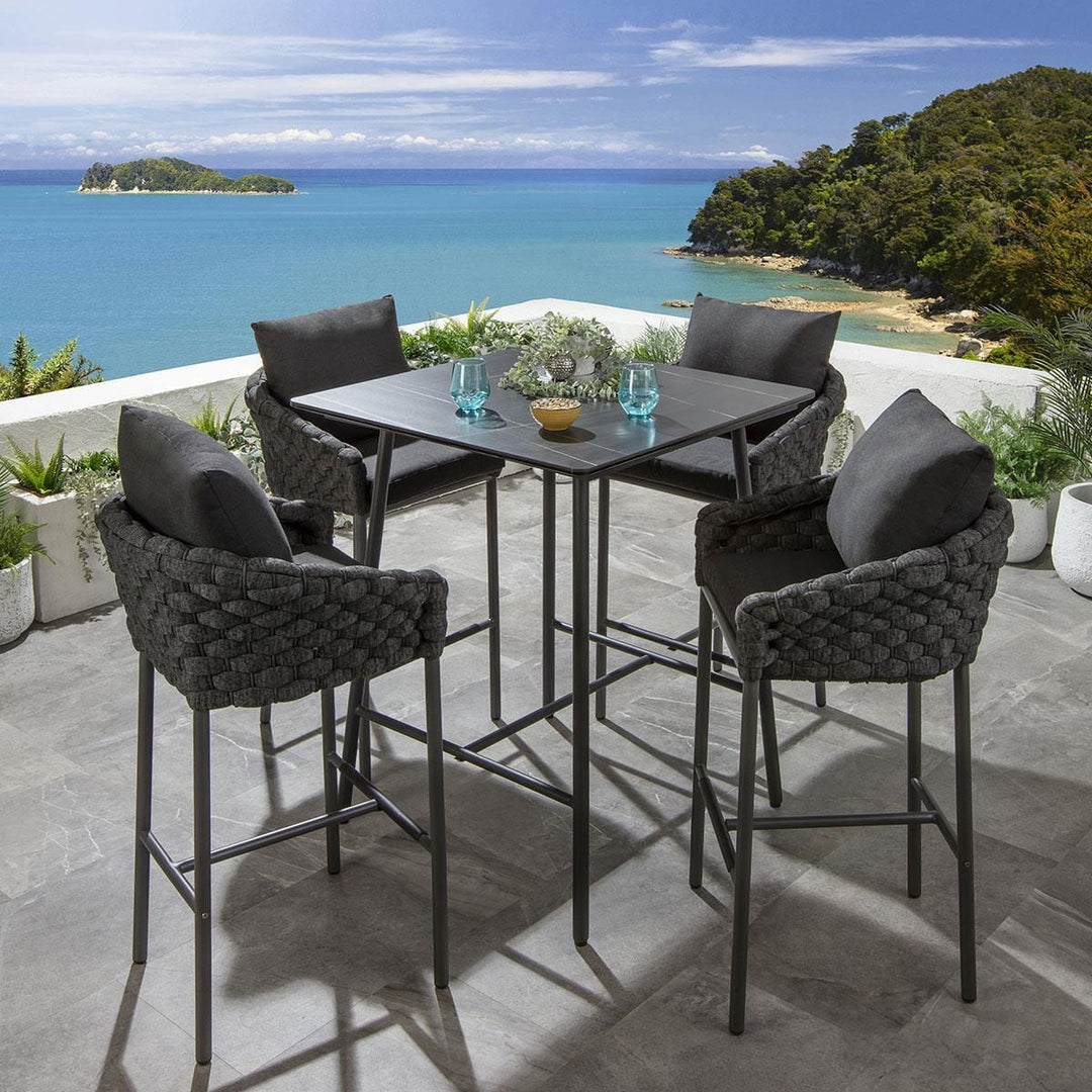 Roque Outdoor Patio Bar Set 4 Chairs and 1 Table Set (Black) Braided & Rope