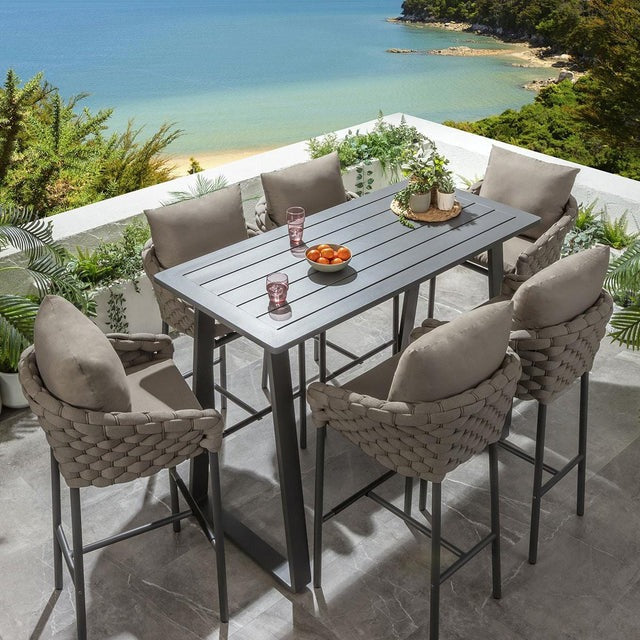 Philip Outdoor Patio Bar Set 6 Chairs and 1 Table Set Braided & Rope