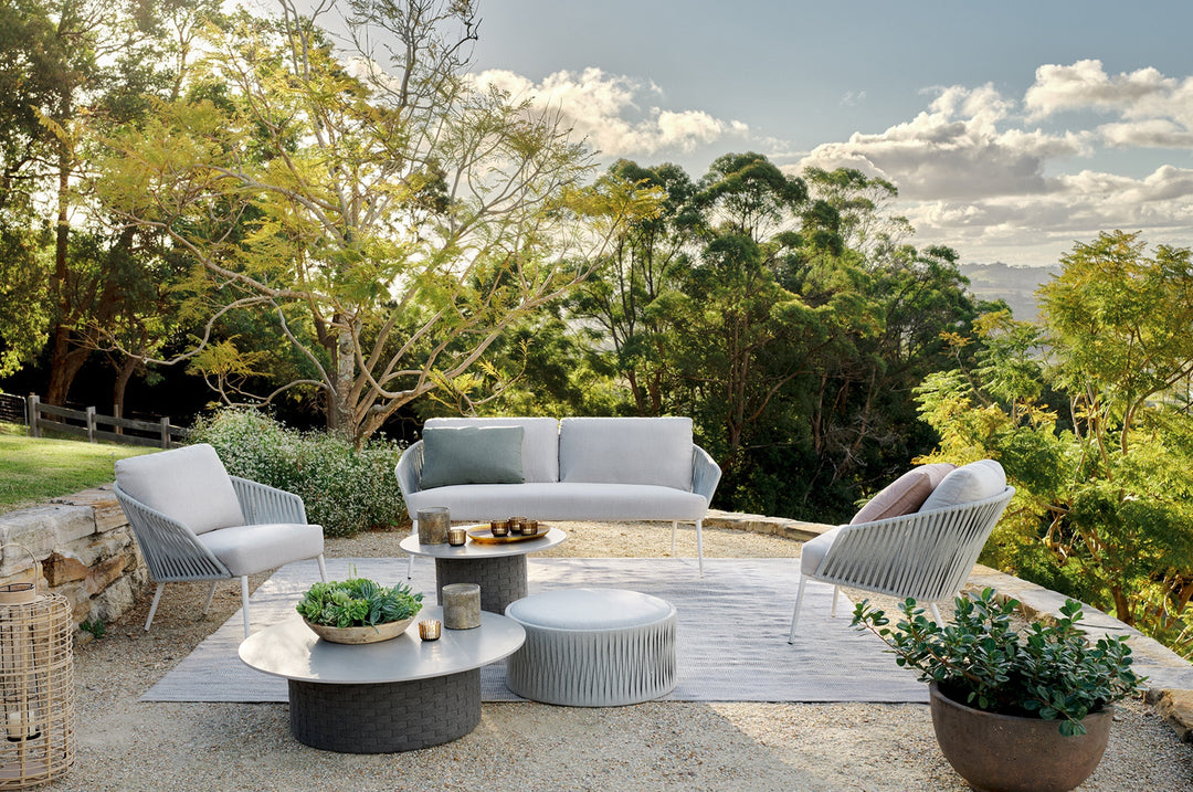 Eustacia Outdoor Sofa Set 2 Seater, 2 Single Seater, 1 Ottoman, 1 Center Table + 1 side table Set  (Grey)  Braided & Rope