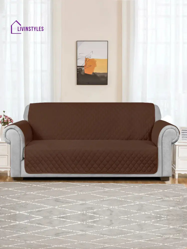 Quilted Brown Color 3 Seater Sofa Cover With Hand Rest
