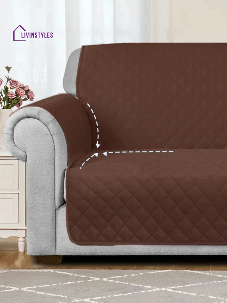 Quilted Brown Color 3 Seater Sofa Cover With Hand Rest