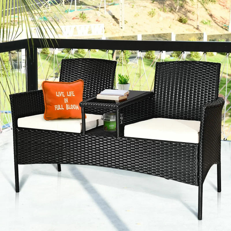 Dreamline Outdoor Furniture Garden Patio Seating Set of 2 Attached Chairs and Table Set Balcony Furniture Coffee Table Set(Black)