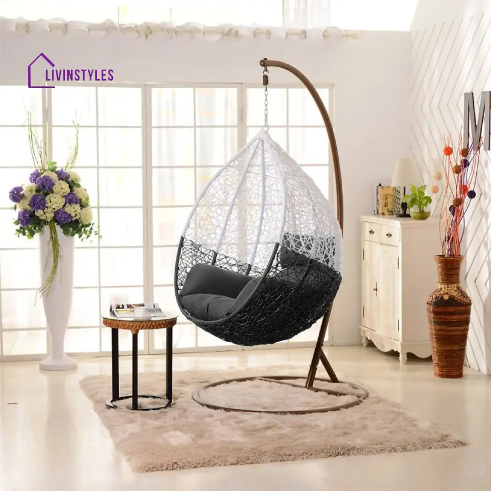 Radha Single Seater Hanging Swing With Stand For Balcony | Garden (White) Black Swings