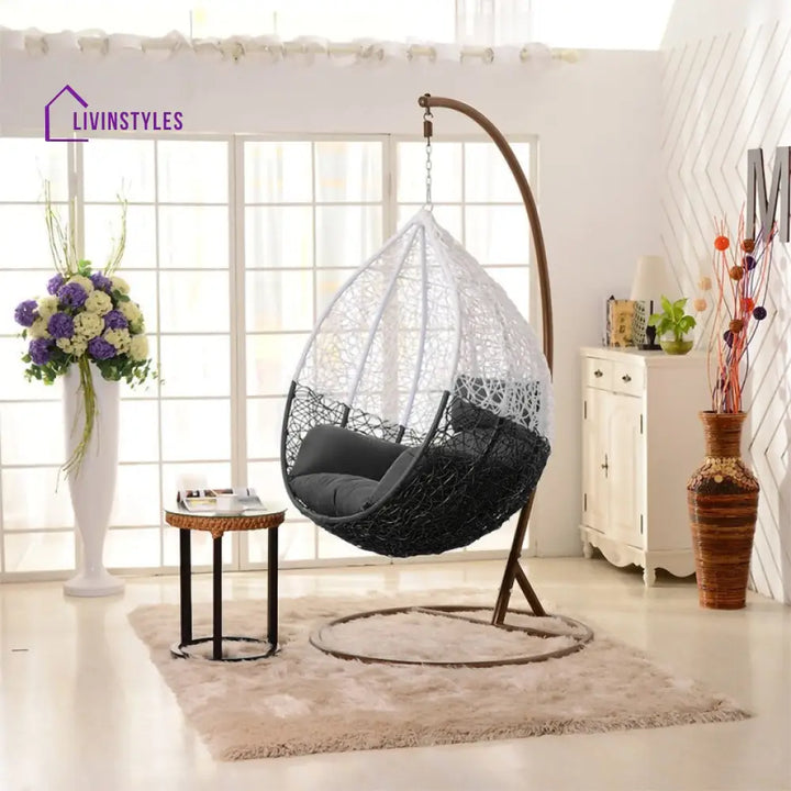Radha Single Seater Hanging Swing With Stand For Balcony | Garden (White) Black Swings