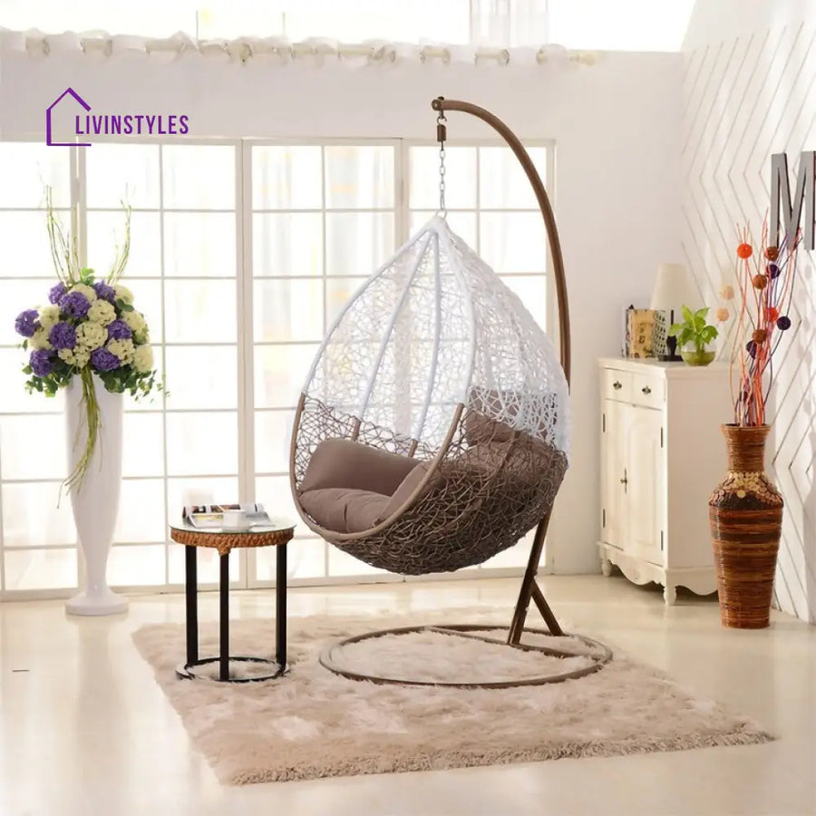 Dreamline Outdoor Furniture Single Seater Hanging Swing With Stand For Balcony , Garden Swing (White+Brown)