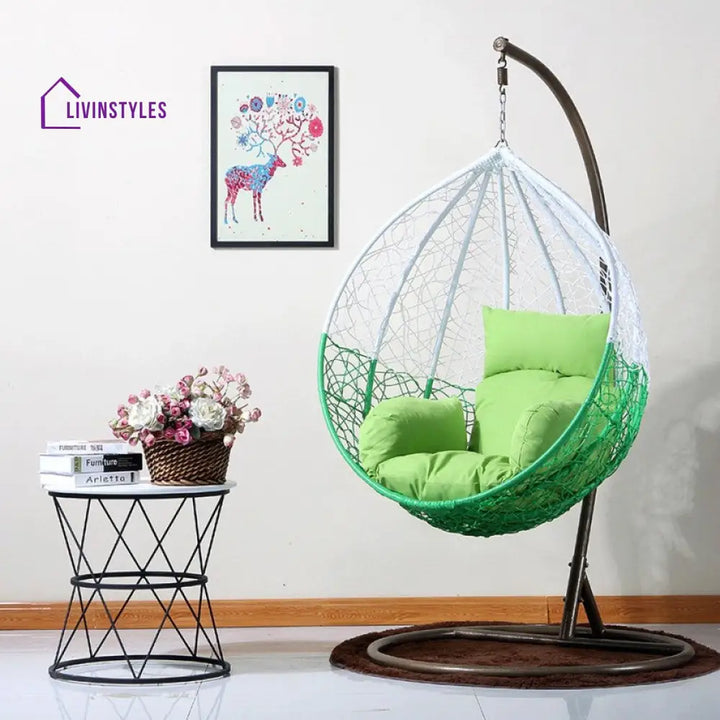 Radha Single Seater Hanging Swing With Stand For Balcony | Garden (White) Green Swings
